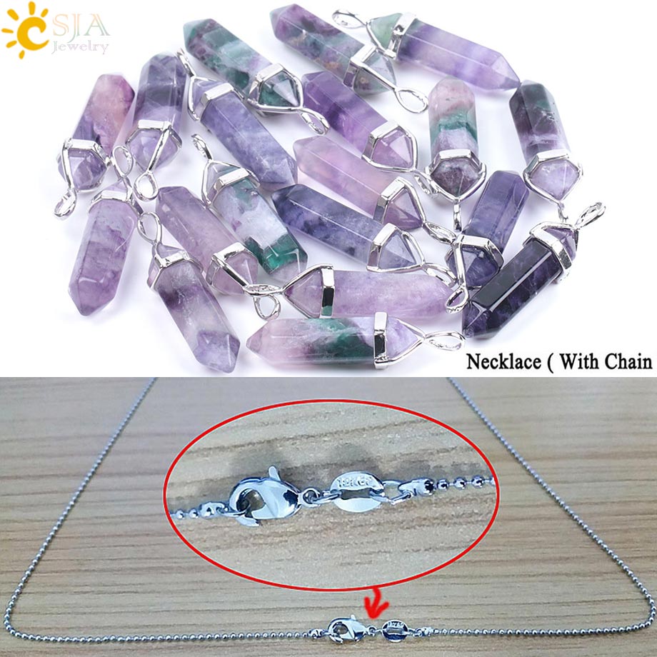 CSJA Fluorite Necklaces Crystal Pendants Suspension Natural Gem Stone Quartz Bullet Hexagonal Pendulum Reiki Chakra pendulo E546 0 DailyAlertDeals 1PC Purple Necklace