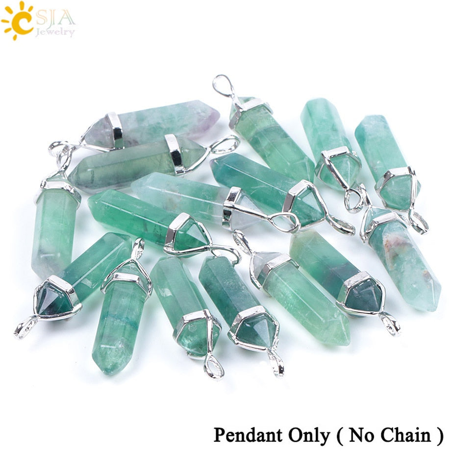 CSJA Fluorite Necklaces Crystal Pendants Suspension Natural Gem Stone Quartz Bullet Hexagonal Pendulum Reiki Chakra pendulo E546 0 DailyAlertDeals 1Pc Green Pendant