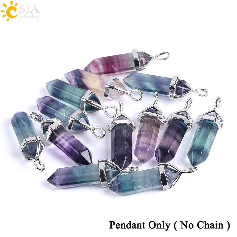 CSJA Fluorite Necklaces Crystal Pendants Suspension Natural Gem Stone Quartz Bullet Hexagonal Pendulum Reiki Chakra pendulo E546 0 DailyAlertDeals 1PC Colorful Pendant