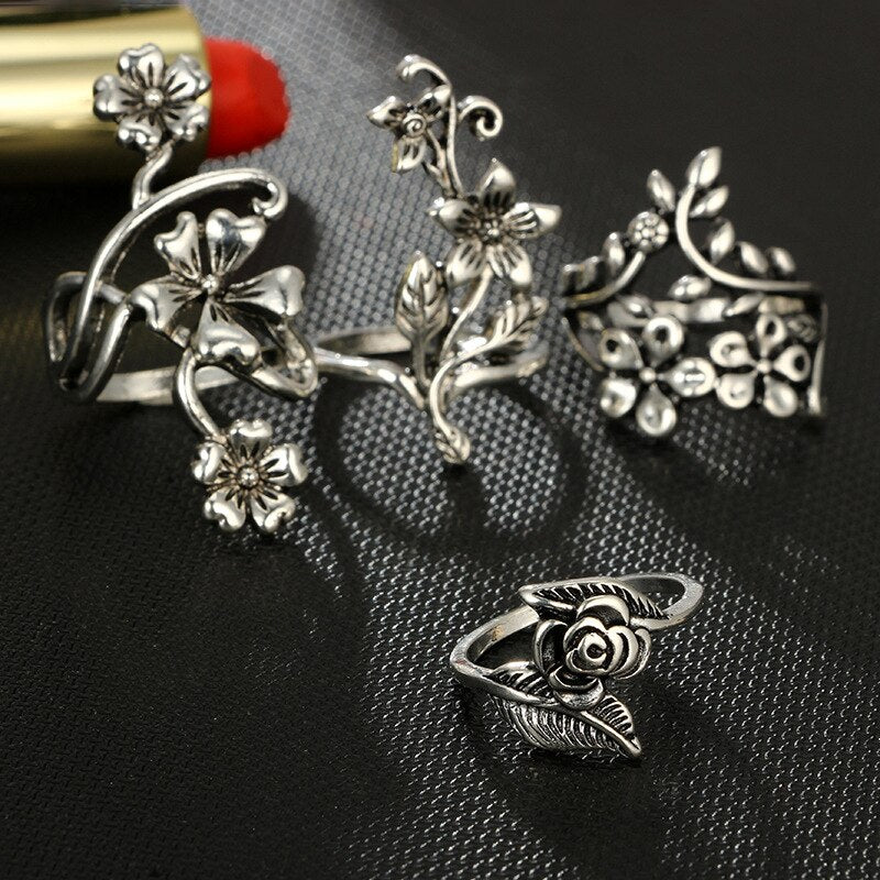 4Pcs/Set Vintage Ancient Silver Sen Vine Leaves Flower Rose Women Girl Charming Bohemia Antique Silver Color Floral Knuckle Ring 0 DailyAlertDeals