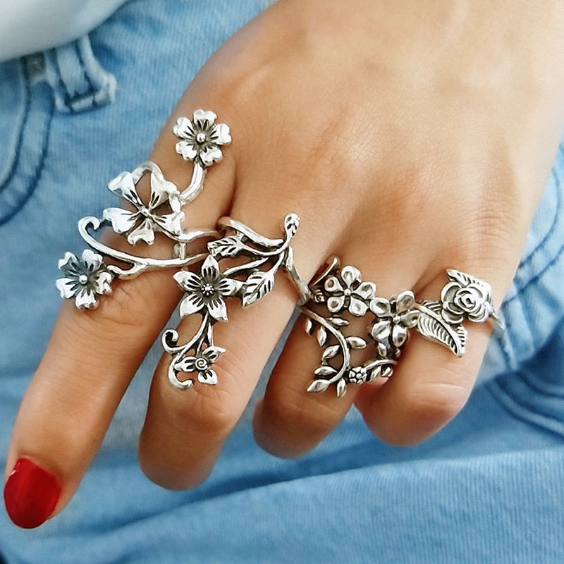 4Pcs/Set Vintage Ancient Silver Sen Vine Leaves Flower Rose Women Girl Charming Bohemia Antique Silver Color Floral Knuckle Ring 0 DailyAlertDeals