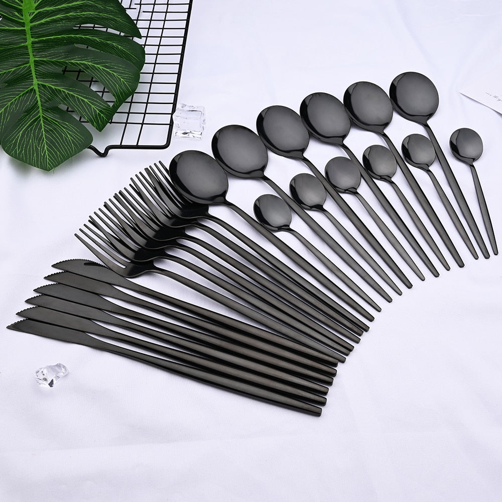 24pcs Black Western Dinnerware Set Stainless Steel Cutlery Set Fork Knife Spoon Tableware Set Flatware Set Silverware Set DailyAlertDeals