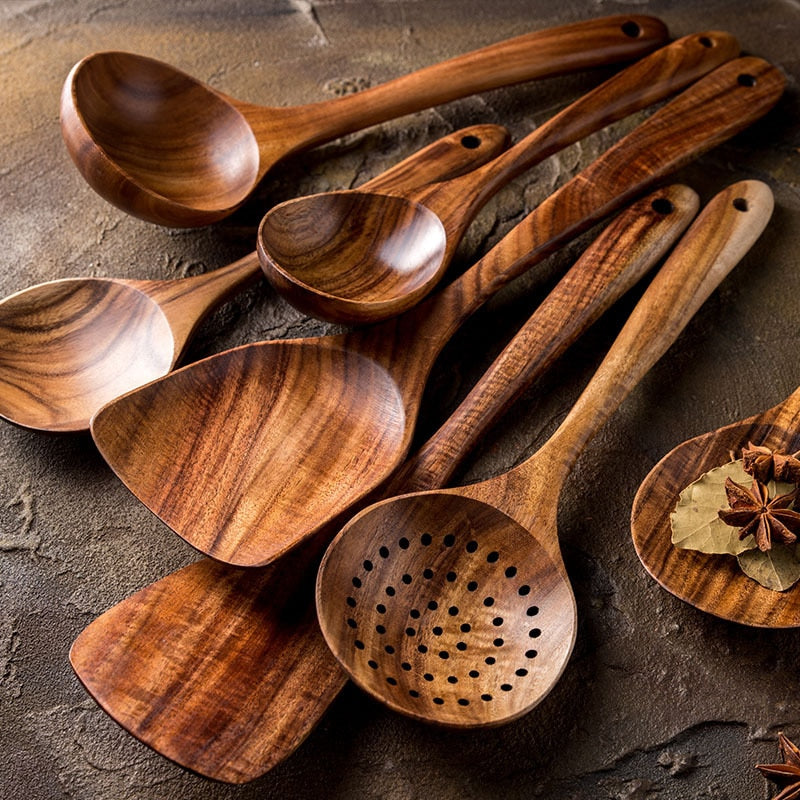 7pcs/set Teak Natural Wood Tableware Spoon Ladle Turner Rice Colander Soup Skimmer Cooking Spoon Scoop Kitchen Reusable Tool Kit 0 DailyAlertDeals