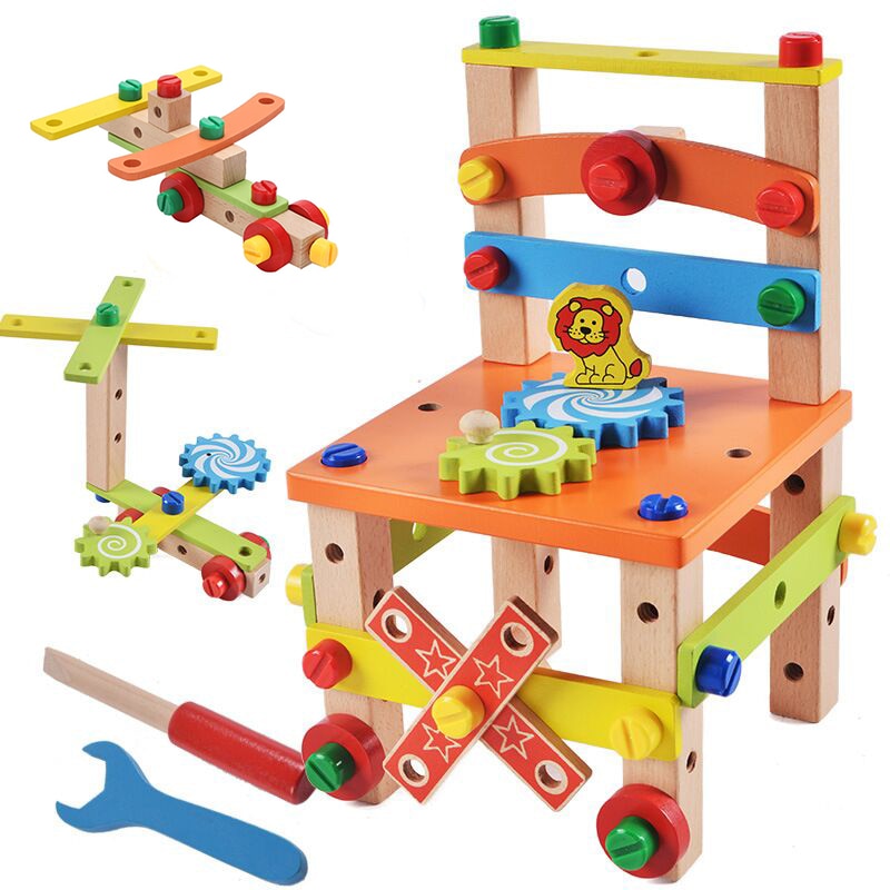 Wooden Assembling Chair Montessori Toys Baby Educational Wooden Blocks Kids Montessori Wooden Assembling Chair Toys DailyAlertDeals