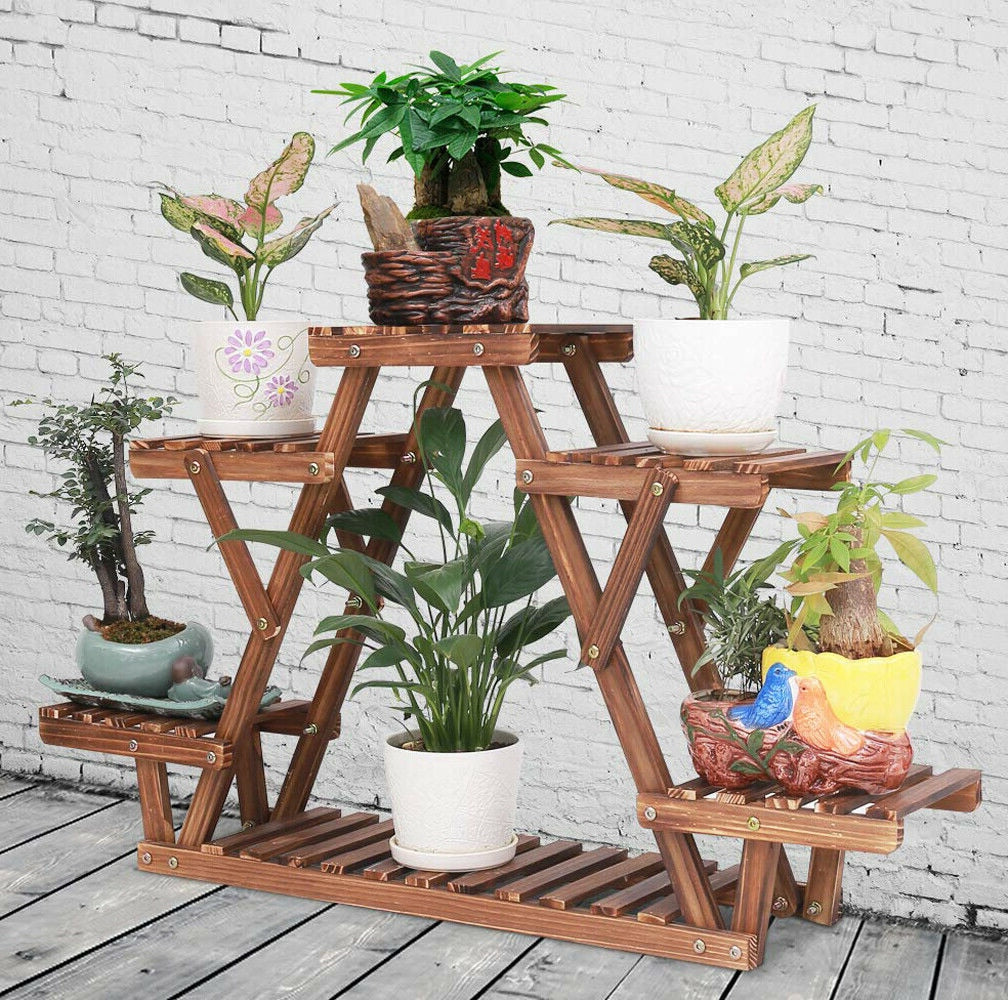 6 Tiered Wood Plant organizer Stand  Indoor Outdoor Carbonized Triangle Corner Plant Rack Wood Plant organizer Stand DailyAlertDeals