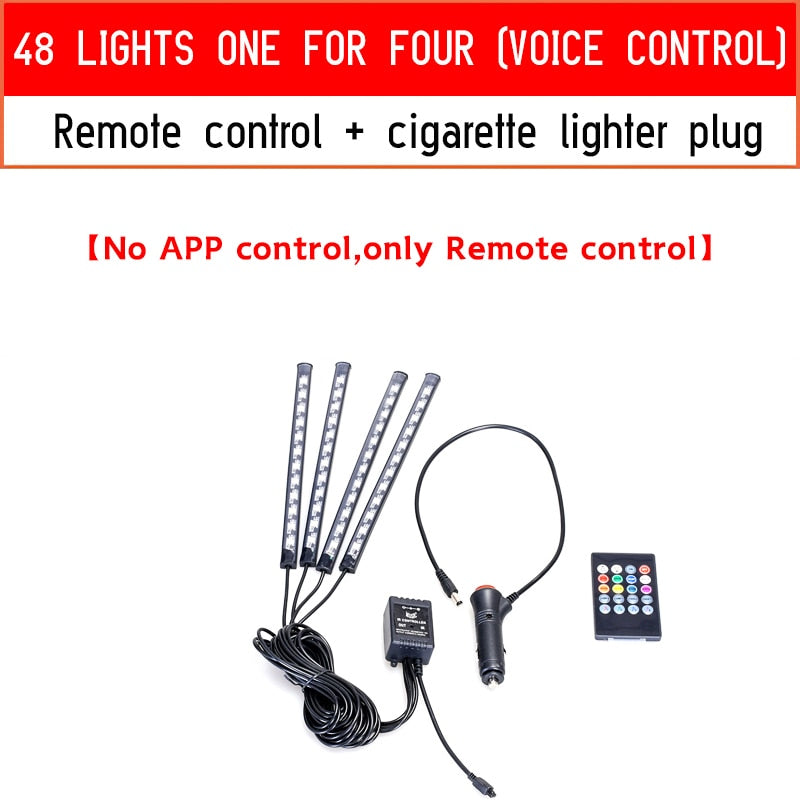 Rgb Led Lights for Cars Ambient Lighting Car Interior Neon Light With Music Voice Control App Inside Car Lights RGB LED Light with control DailyAlertDeals 48LED cigar remote