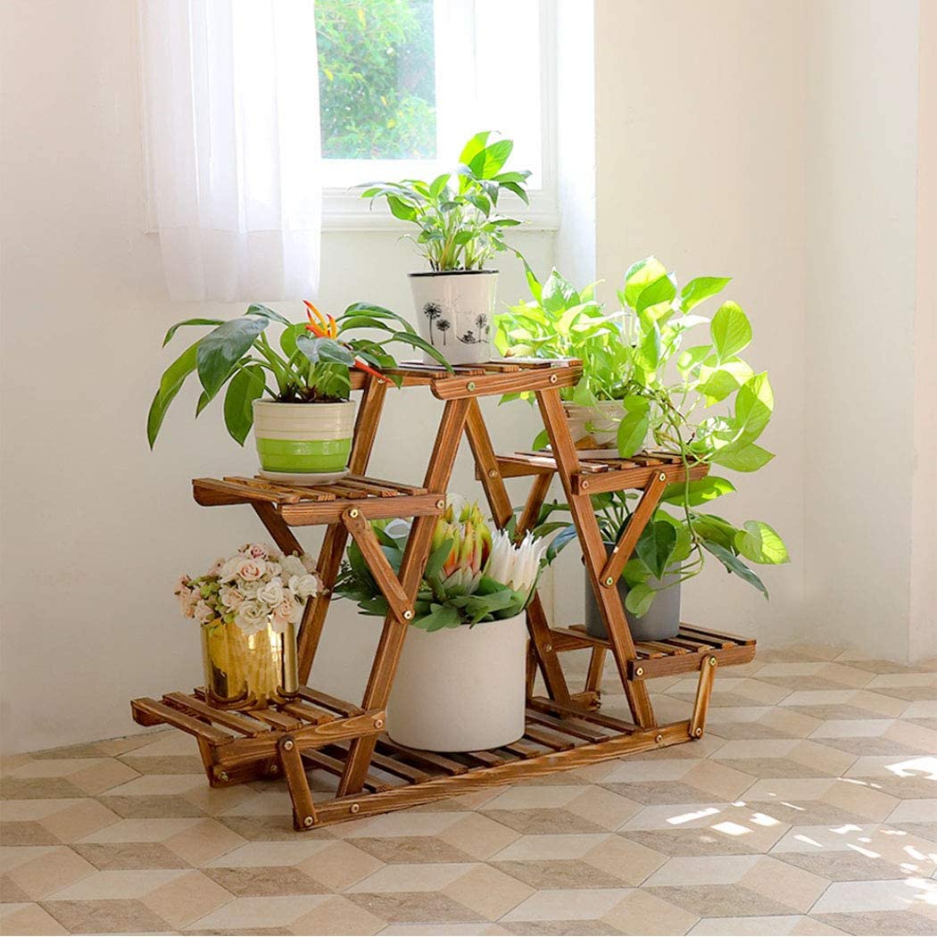 6 Tiered Wood Plant organizer Stand  Indoor Outdoor Carbonized Triangle Corner Plant Rack Wood Plant organizer Stand DailyAlertDeals
