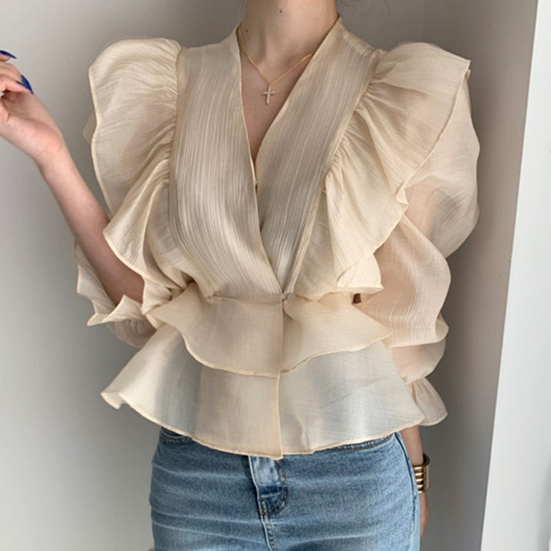 Fashion Vintage Chiffon Blouse Women 2021 New Puff Sleeve Ruffles V-neck Shirt Women Silm Casual Womens Blouses Tops Mujer 10334 0 DailyAlertDeals