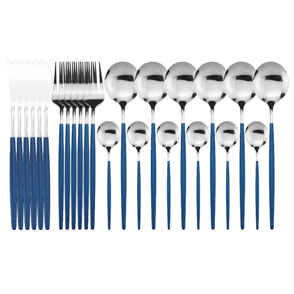 24pcs Black Western Dinnerware Set Stainless Steel Cutlery Set Fork Knife Spoon Tableware Set Flatware Set Silverware Set DailyAlertDeals China 24pcs Blue Silver