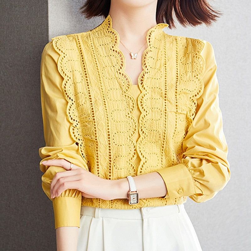 Lace Chic Blouse Woman Elegant Hedging Casual Shirt Woman Autumn Long-sleeved Solid V-neck Shirt Lady Blusas Mujer De Moda 16373 0 DailyAlertDeals Yellow S