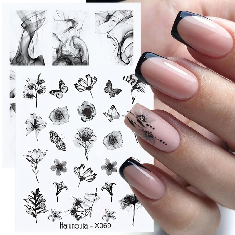 Harunouta Black Lines Flower Leaf Water Decals Stickers Spring Simple Green Theme Face Marble Pattern Slider For Nails Art Decor Nail Stickers DailyAlertDeals