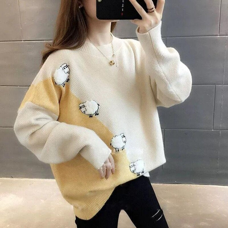 Cute Sheep Pattern Loose Pullover Sweater Women 2022 Fall Winter Korean School Contrast Color Knit Jumper Female Knitwear 0 DailyAlertDeals Yellow S