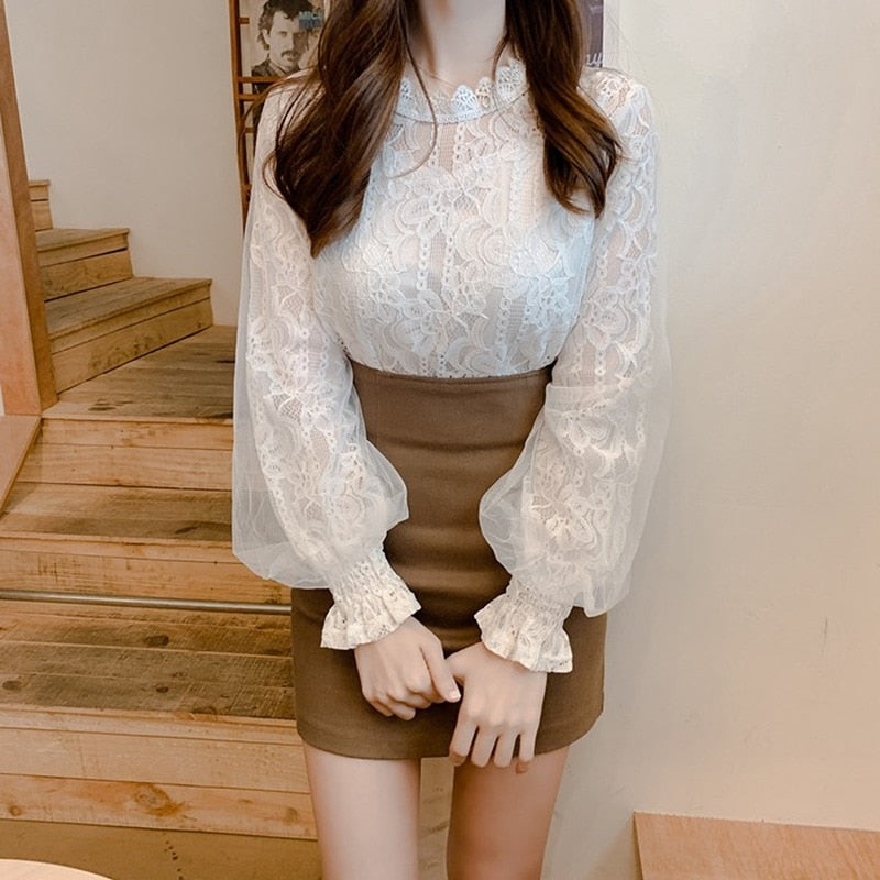 Lantern Long Sleeve Lace Women's Shirt Autumn New Camisa White Vintage Blouse Women Clothing 2022 Sweet Korean Top Female 10456 0 DailyAlertDeals White S