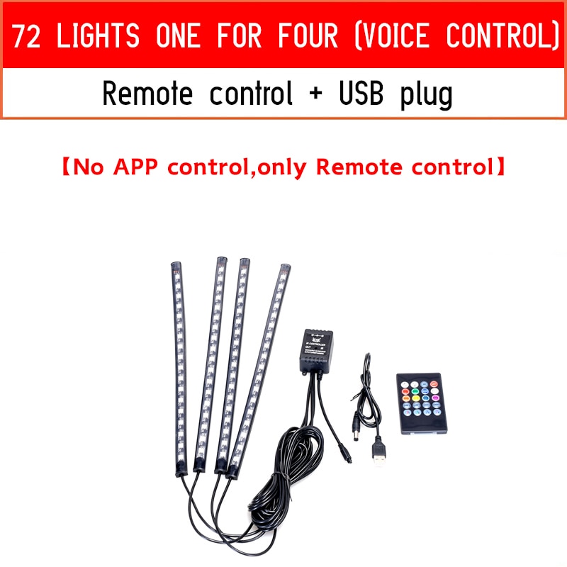 Rgb Led Lights for Cars Ambient Lighting Car Interior Neon Light With Music Voice Control App Inside Car Lights RGB LED Light with control DailyAlertDeals 72LED USB remote