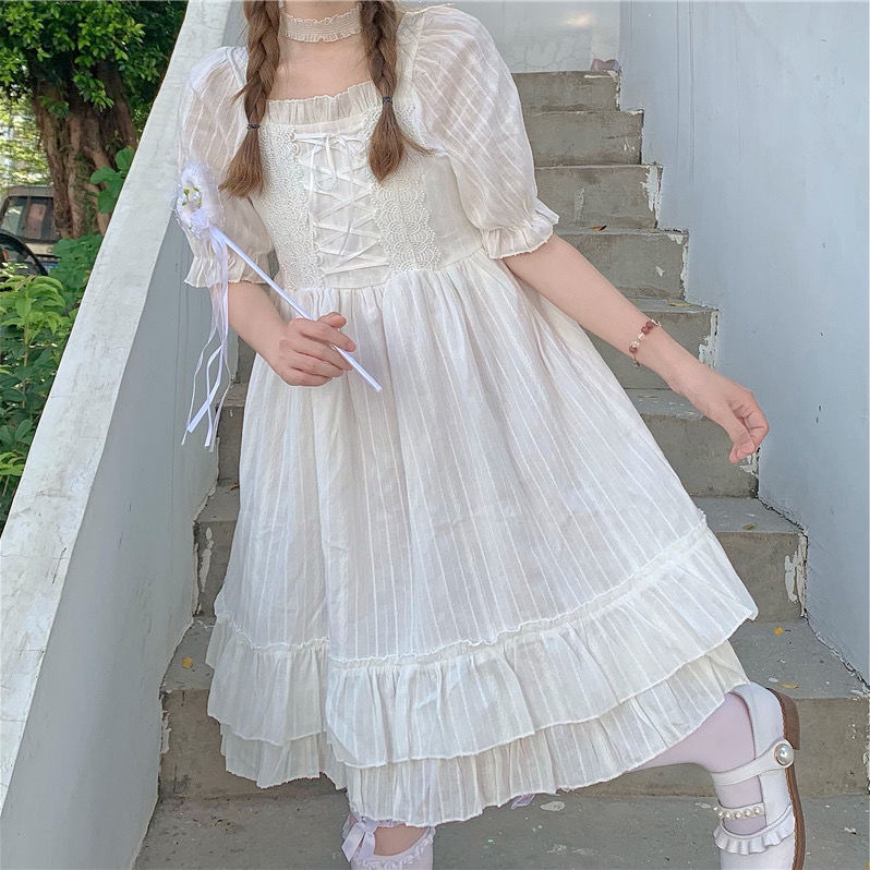 Summer White Kawaii Lolita Dress Women Summer Japanese High Waist Elegant Sweet Dress Bow Chic Party Holiday Casual Dress 2021 0 DailyAlertDeals
