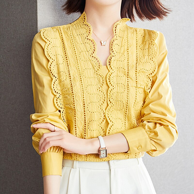 Lace Chic Blouse Woman Elegant Hedging Casual Shirt Woman Autumn Long-sleeved Solid V-neck Shirt Lady Blusas Mujer De Moda 16373 0 DailyAlertDeals