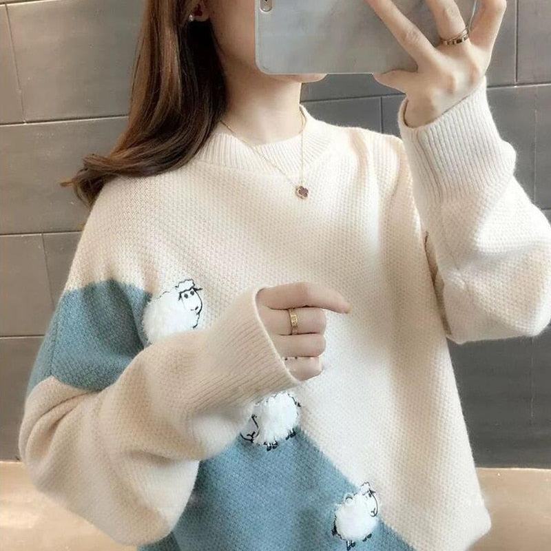 Cute Sheep Pattern Loose Pullover Sweater Women 2022 Fall Winter Korean School Contrast Color Knit Jumper Female Knitwear 0 DailyAlertDeals