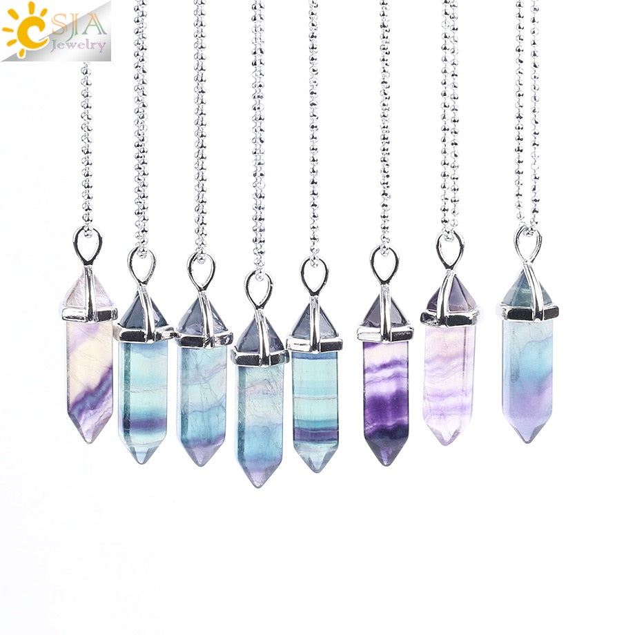 CSJA Fluorite Necklaces Crystal Pendants Suspension Natural Gem Stone Quartz Bullet Hexagonal Pendulum Reiki Chakra pendulo E546 0 DailyAlertDeals