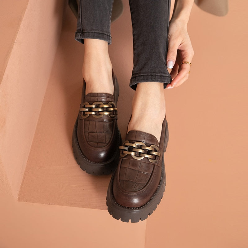 BeauToday Chunky Loafers Women Genuine Cow Leather Platform Shoes Round Toe Metal Chain Slip on Ladies Flats Handmade 27748 0 DailyAlertDeals