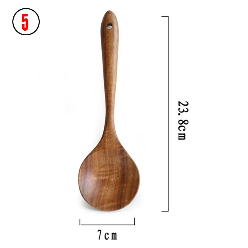7pcs/set Teak Natural Wood Tableware Spoon Ladle Turner Rice Colander Soup Skimmer Cooking Spoon Scoop Kitchen Reusable Tool Kit 0 DailyAlertDeals 5