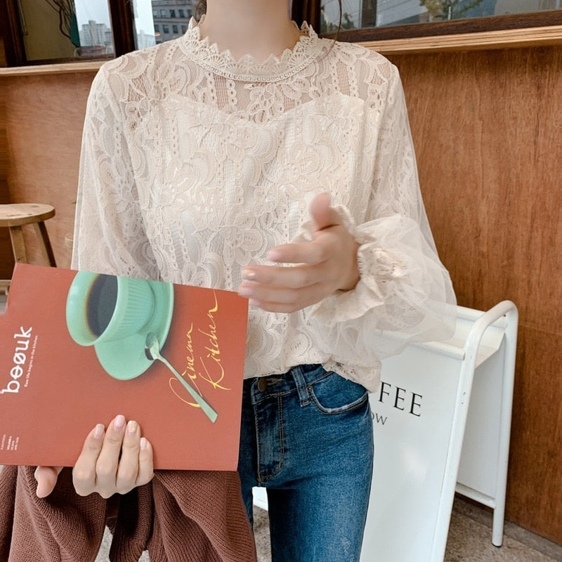 Lantern Long Sleeve Lace Women's Shirt Autumn New Camisa White Vintage Blouse Women Clothing 2022 Sweet Korean Top Female 10456 0 DailyAlertDeals