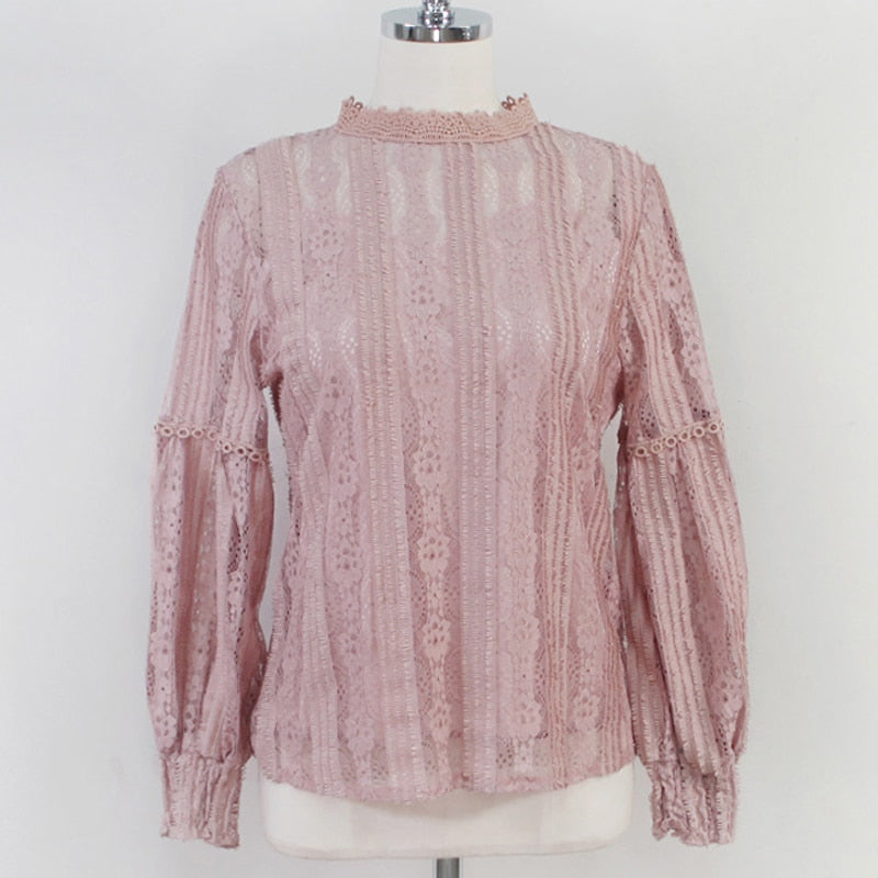 2022 Autumn Sweet Pink Shirts Long Sleeve Lace Blouse for Women Vintage Spliced Solid Womens Clothing Blusas Mujer De Moda 6899 Long Sleeve Lace Blouse for Women DailyAlertDeals pink S