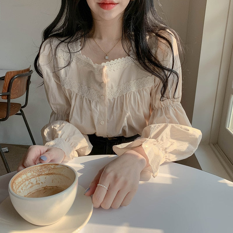 Beige Lace Blouse Vintage Square Collar Women Long Puff Sleeve Shirt Solid Cardigan Sweet Shirt Blusas Clothes Women Tops 11200 0 DailyAlertDeals