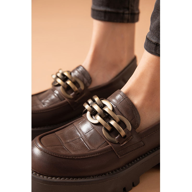 BeauToday Chunky Loafers Women Genuine Cow Leather Platform Shoes Round Toe Metal Chain Slip on Ladies Flats Handmade 27748 0 DailyAlertDeals