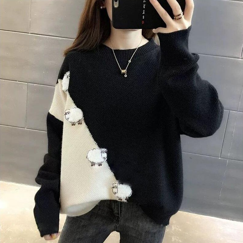 Cute Sheep Pattern Loose Pullover Sweater Women 2022 Fall Winter Korean School Contrast Color Knit Jumper Female Knitwear 0 DailyAlertDeals