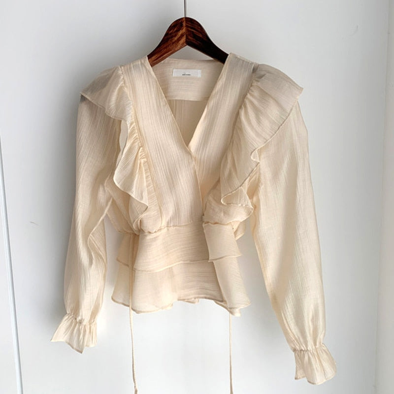 Fashion Vintage Chiffon Blouse Women 2021 New Puff Sleeve Ruffles V-neck Shirt Women Silm Casual Womens Blouses Tops Mujer 10334 0 DailyAlertDeals