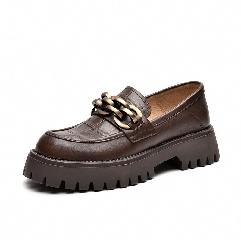 BeauToday Chunky Loafers Women Genuine Cow Leather Platform Shoes Round Toe Metal Chain Slip on Ladies Flats Handmade 27748 0 DailyAlertDeals Coffee 5