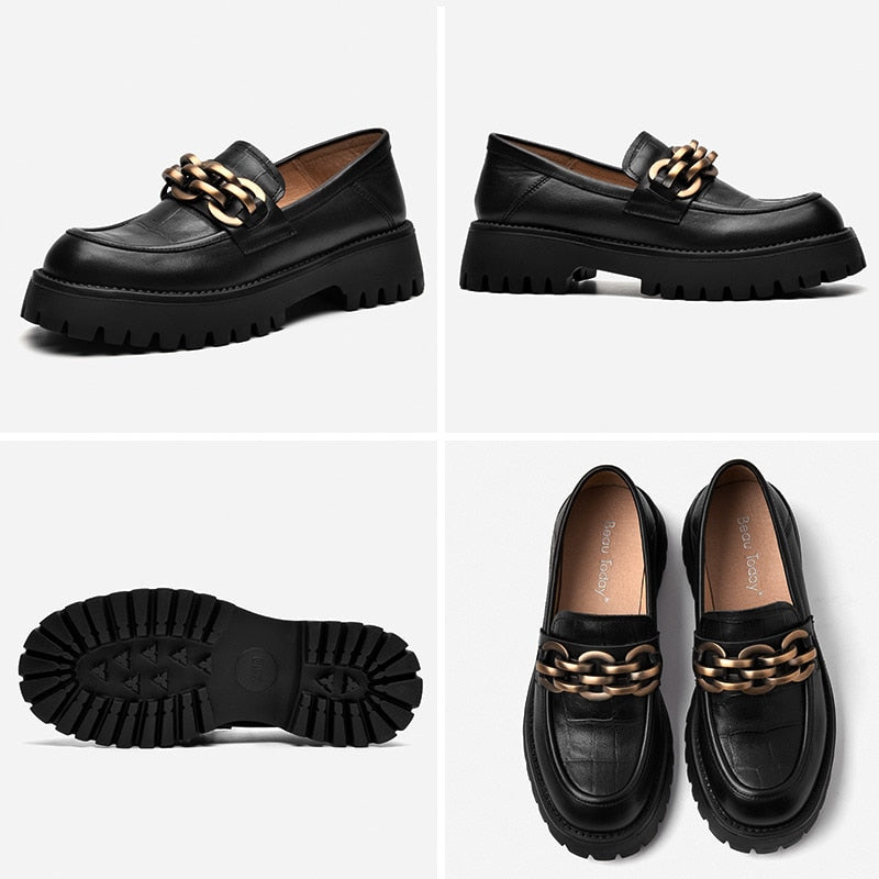 BeauToday Chunky Loafers Women Genuine Cow Leather Platform Shoes Round Toe Metal Chain Slip on Ladies Flats Handmade 27748 0 DailyAlertDeals