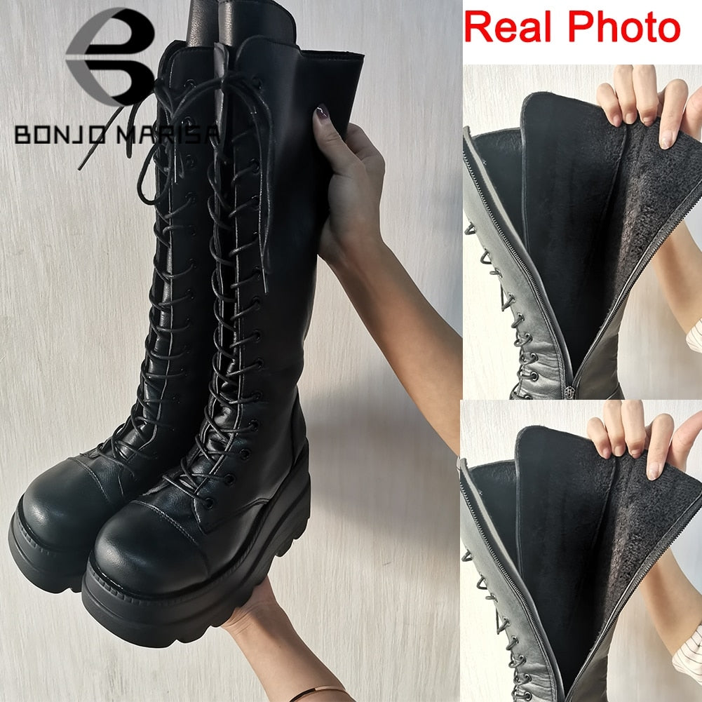BONJOMARISA ladies fashion platform boots chunky heel wedges mid calf women boots casual brand thick bottom winter shoes woman 0 DailyAlertDeals style 2 5