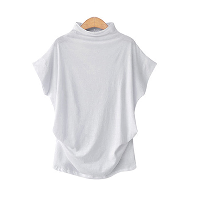 Jocoo Jolee Women Casual Turtleneck Short Batwing Sleeve Blouse Female Cotton Solid Oversized Tops Ladies Shirt 2020 Clothing DailyAlertDeals White S