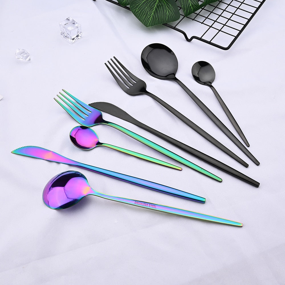 24pcs Black Western Dinnerware Set Stainless Steel Cutlery Set Fork Knife Spoon Tableware Set Flatware Set Silverware Set DailyAlertDeals
