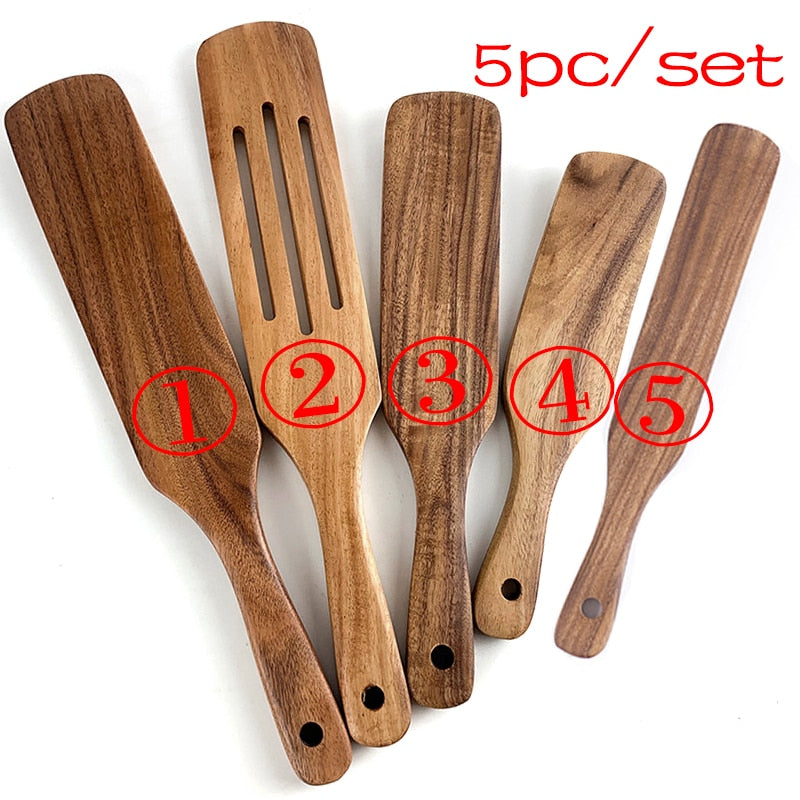 7pcs/set Teak Natural Wood Tableware Spoon Ladle Turner Rice Colander Soup Skimmer Cooking Spoon Scoop Kitchen Reusable Tool Kit 0 DailyAlertDeals shovel 5PC
