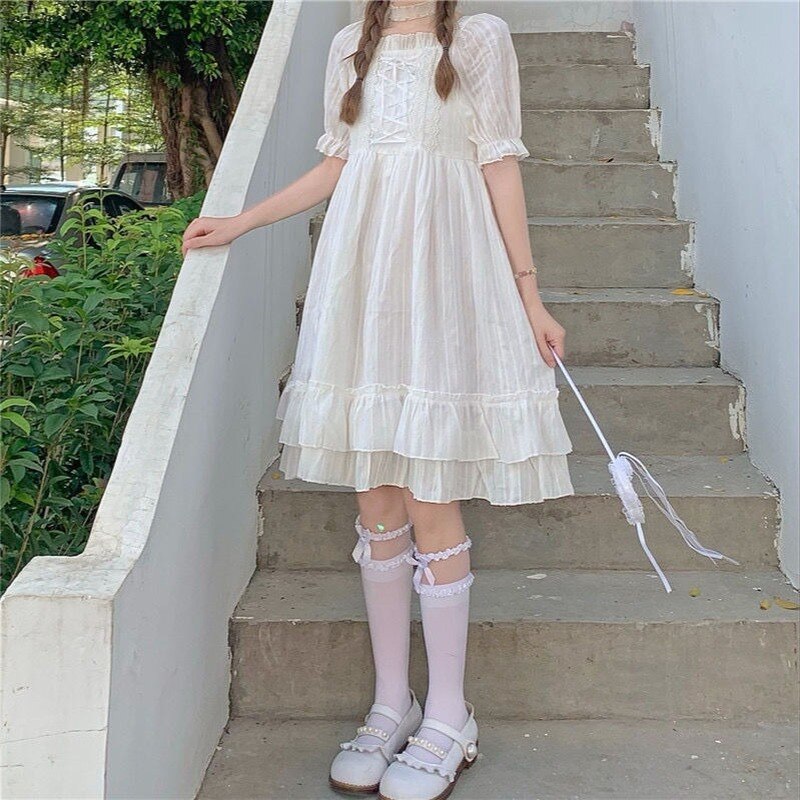 Summer White Kawaii Lolita Dress Women Summer Japanese High Waist Elegant Sweet Dress Bow Chic Party Holiday Casual Dress 2021 0 DailyAlertDeals