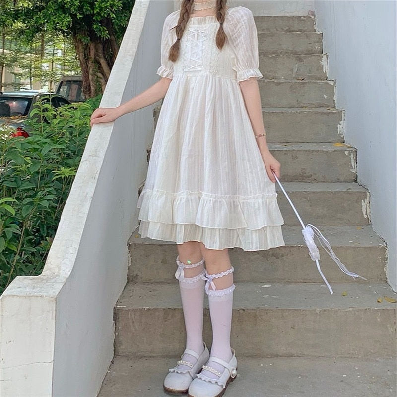 Summer White Kawaii Lolita Dress Women Summer Japanese High Waist Elegant Sweet Dress Bow Chic Party Holiday Casual Dress 2021 0 DailyAlertDeals