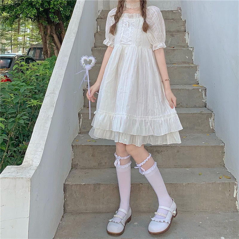 Summer White Kawaii Lolita Dress Women Summer Japanese High Waist Elegant Sweet Dress Bow Chic Party Holiday Casual Dress 2021 0 DailyAlertDeals