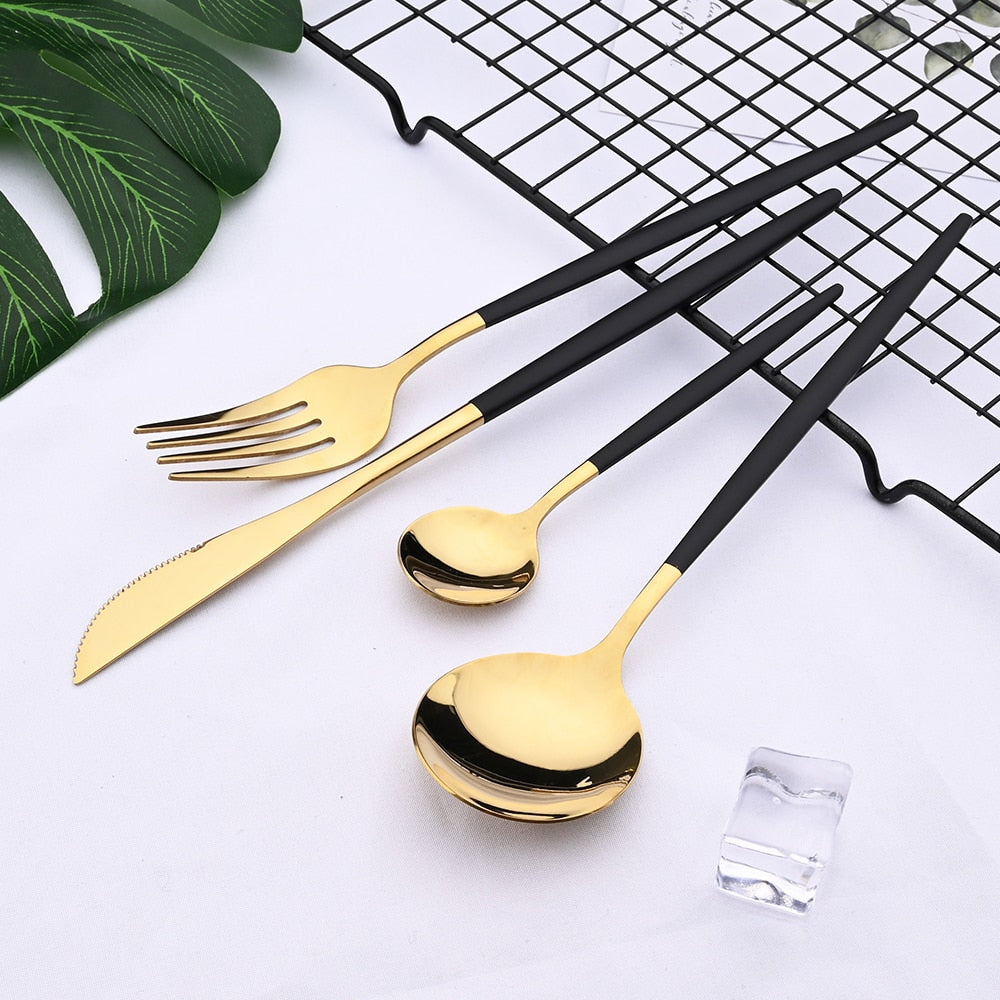 24pcs Black Western Dinnerware Set Stainless Steel Cutlery Set Fork Knife Spoon Tableware Set Flatware Set Silverware Set DailyAlertDeals