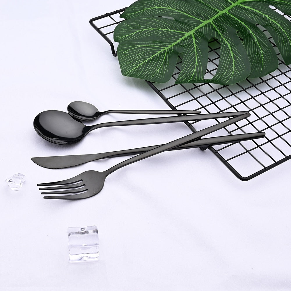 24pcs Black Western Dinnerware Set Stainless Steel Cutlery Set Fork Knife Spoon Tableware Set Flatware Set Silverware Set DailyAlertDeals