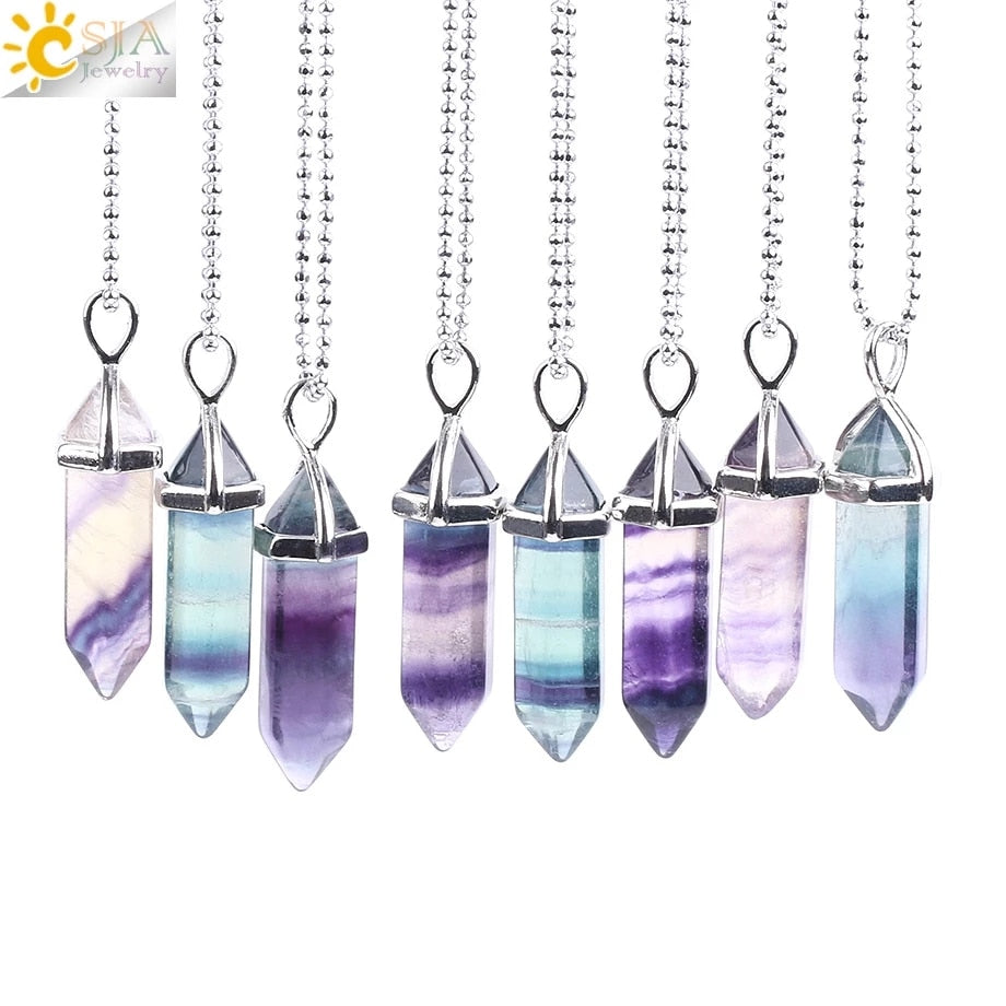 CSJA Fluorite Necklaces Crystal Pendants Suspension Natural Gem Stone Quartz Bullet Hexagonal Pendulum Reiki Chakra pendulo E546 0 DailyAlertDeals