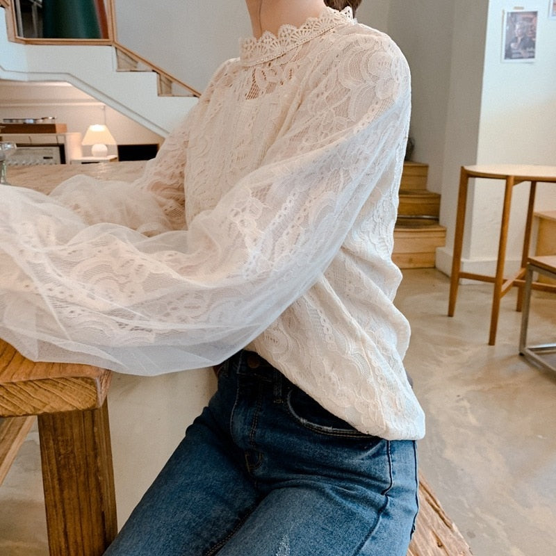 Lantern Long Sleeve Lace Women's Shirt Autumn New Camisa White Vintage Blouse Women Clothing 2022 Sweet Korean Top Female 10456 0 DailyAlertDeals