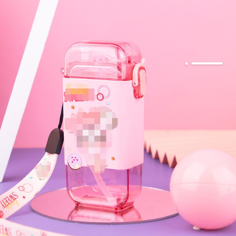 Cartoon Children Water Bottle 280ml with Rope Portable Square Kettle Sealed Leak-Proof BPA Free Tritan Baby Milk Cup With Straw Cartoon Children Water Bottle DailyAlertDeals China 280-420ml Pink Bottle 280ml
