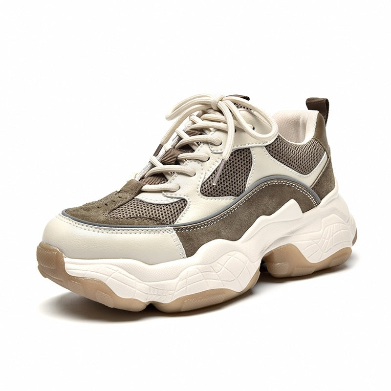 BeauToday Chunky Sneakers Women Mesh Leather Platform Shoes Mixed Colors Lace-Up Lady Trendy Trainers Thick Sole Handmade 29401 0 DailyAlertDeals Beige Brown 5