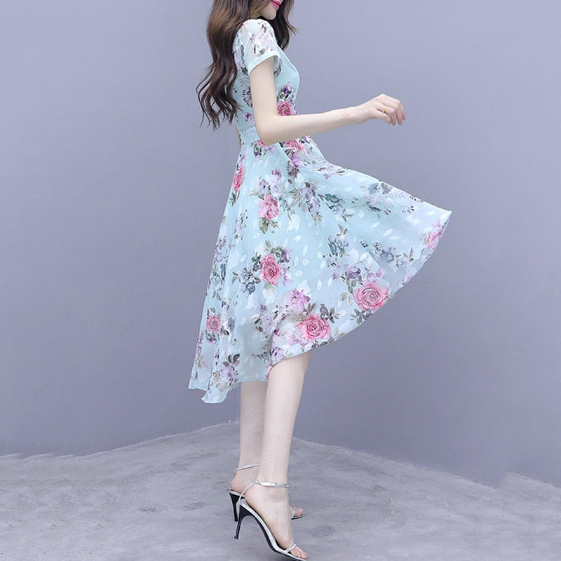 2022 New fashion women's French dress female temperament Round neck long-sleeved chiffon floral dresses 0 DailyAlertDeals