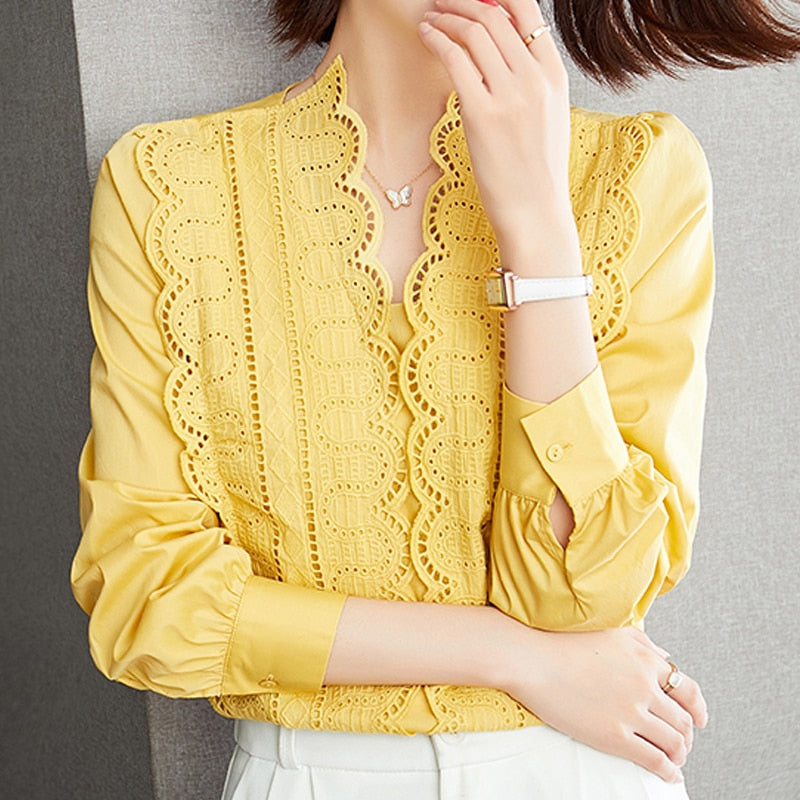 Lace Chic Blouse Woman Elegant Hedging Casual Shirt Woman Autumn Long-sleeved Solid V-neck Shirt Lady Blusas Mujer De Moda 16373 0 DailyAlertDeals