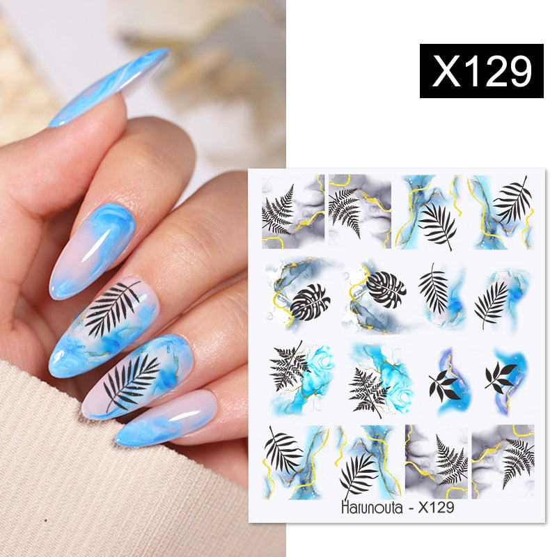 Harunouta Black Lines Flower Leaf Water Decals Stickers Spring Simple Green Theme Face Marble Pattern Slider For Nails Art Decor Nail Stickers DailyAlertDeals X129