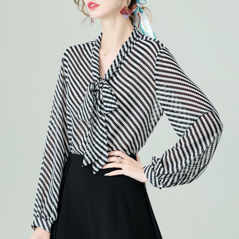 Chiffon Thin Bow V-neck Striped Print Long Sleeve Blouses Pullover Loose Casual Shirts Fashion Popularity Wild Women's Clothing 0 DailyAlertDeals