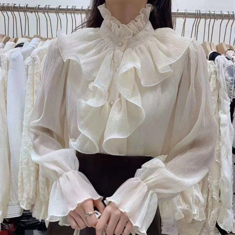 Korean Chic Ruffles Stitching Elegant Blouse Woman Stand Collar Button Chiffon Shirt Long Flare Sleeve Fashion Loose Tops 12946 0 DailyAlertDeals Apricot S